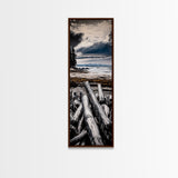 Coastal Beach, Driftwood Shore, Stormy Sky, Framed Canvas Print, Ocean Wall Art, Seaside Decor, Nautical Painting, Living Room Wall Art