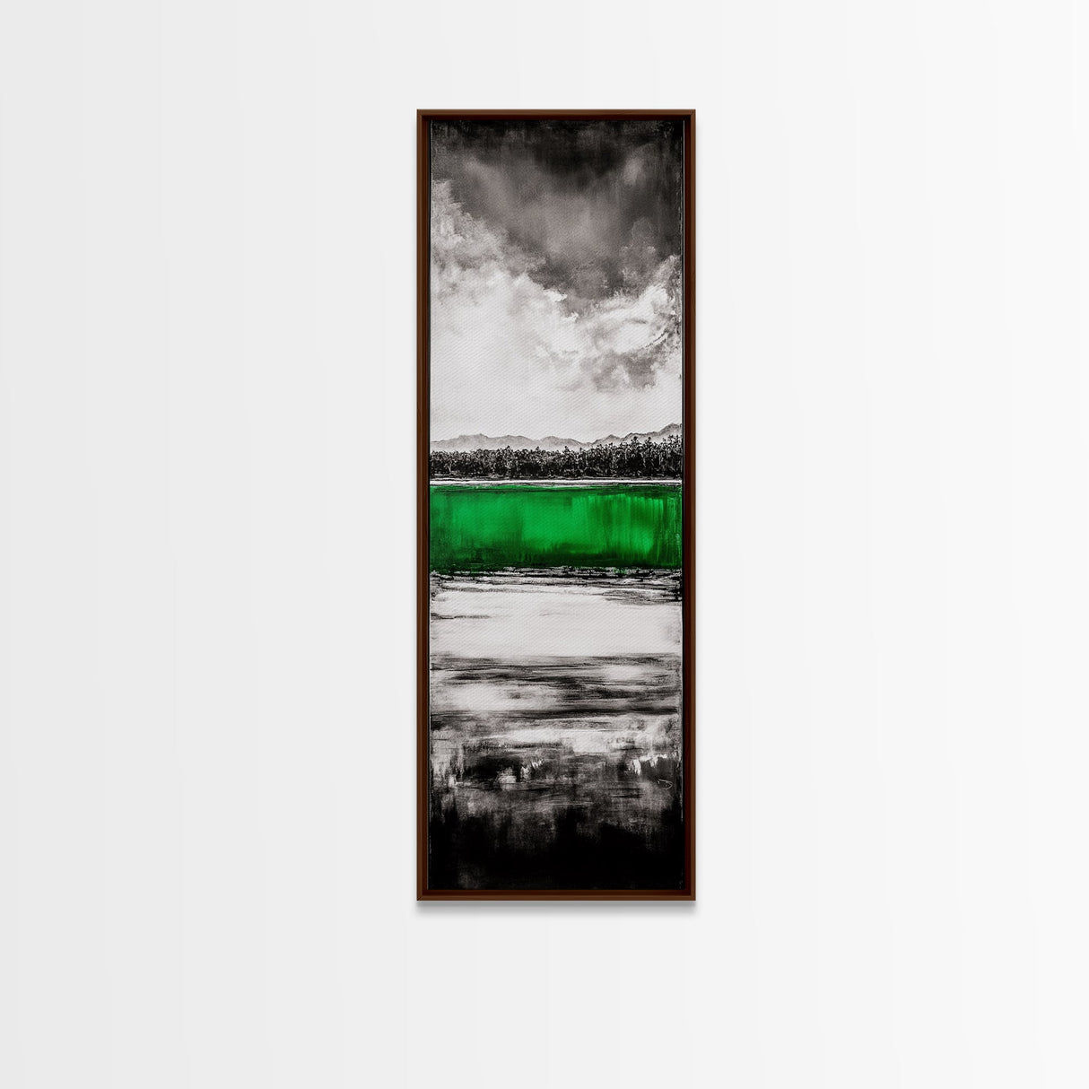 Green Lake, Moody Sky, Reflection, Framed Canvas Print, Minimalist Landscape, Monochrome Art, Office Decor, Nature Inspired Wall Art