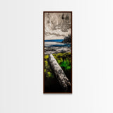 Driftwood Coast, Coastal Landscape, Beach Art, Ocean Decor, Natural Serenity, Rustic Style, Blue And Green Art, Framed Canvas Print