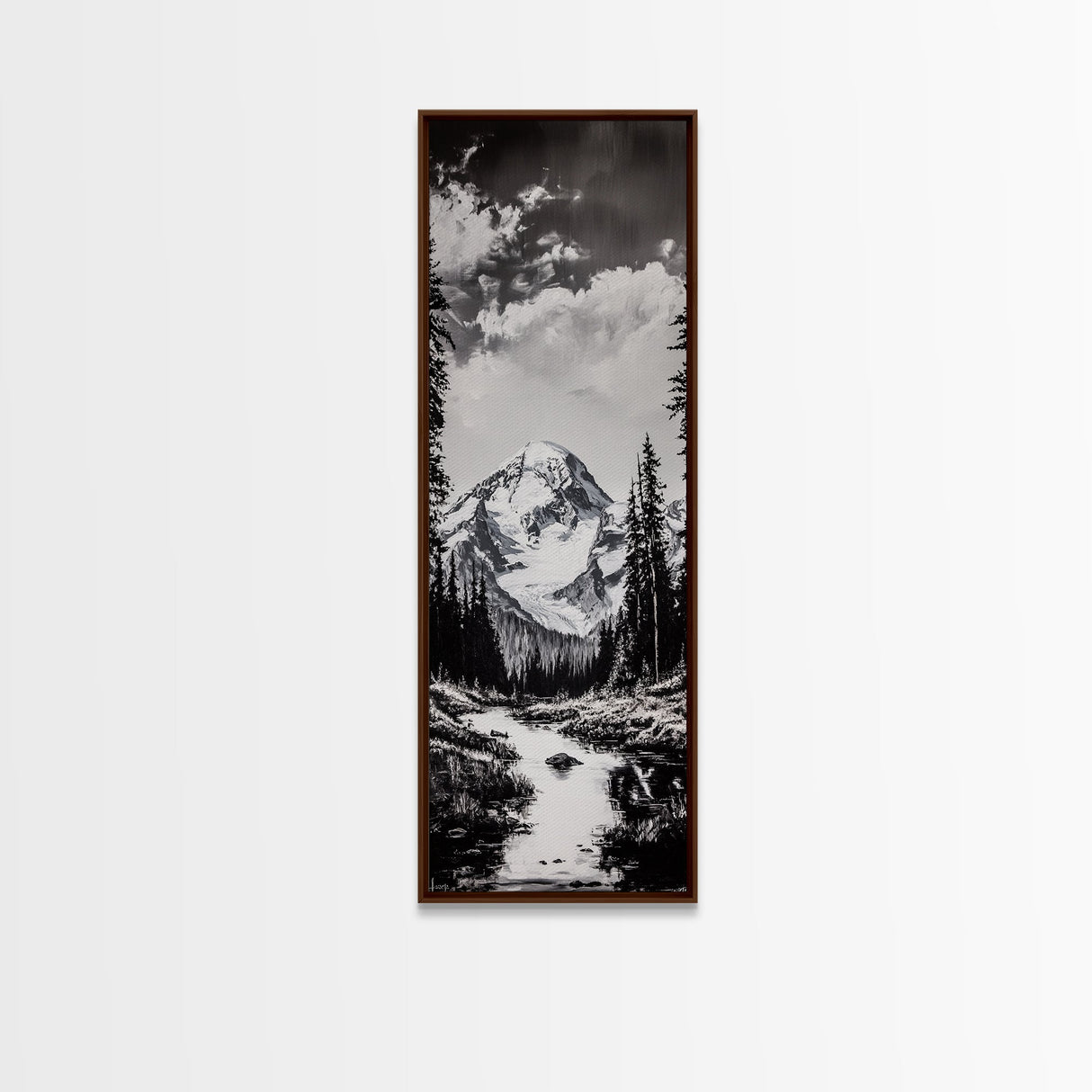 Snowy Peak, Mountain Reflection, Black White Nature, Adventure Landscape, Cabin Decor, Hiking Art, Framed Canvas Print