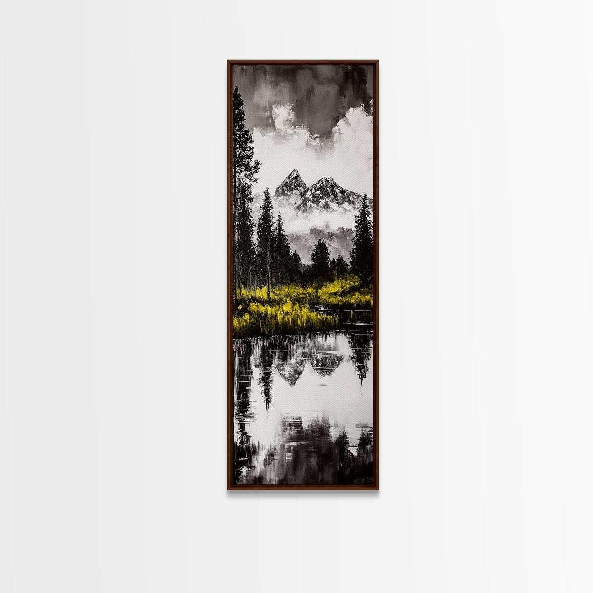 Twin Peaks, Forest Reflection, Framed Canvas Print, Mountain Art, Nature Decor, Rustic Landscape, Black and White Art, Bedroom Art