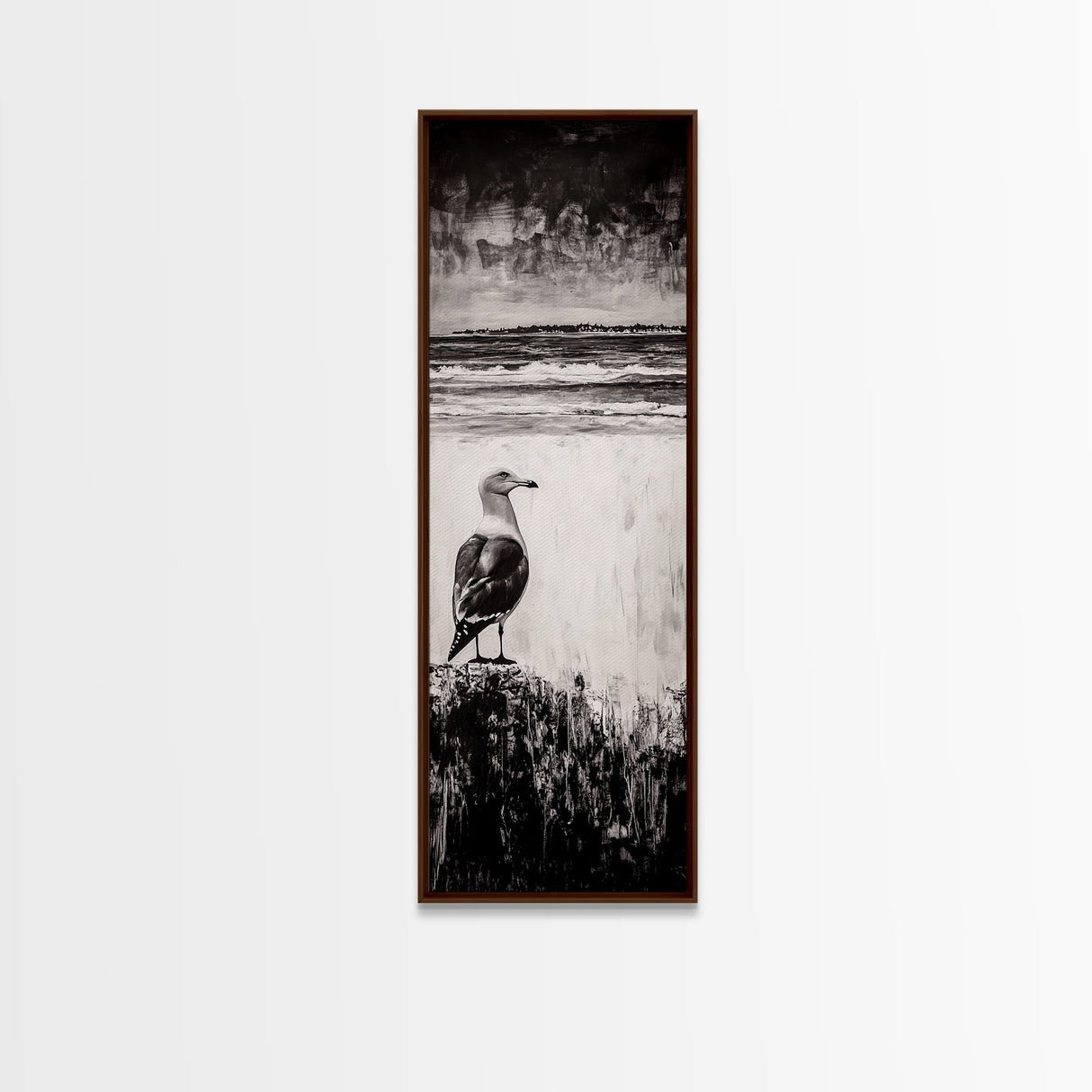 Seagull Portrait, Ocean Waves, Black and White, Framed Canvas Print, Coastal Art, Minimalist Decor, Modern Office Wall Art, Beach House Art