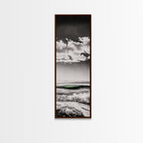 Coastal Waves, Black and White, Green Wave, Framed Canvas Print, Modern Beach Wall Art, Minimalist Ocean Decor, Living Room Art