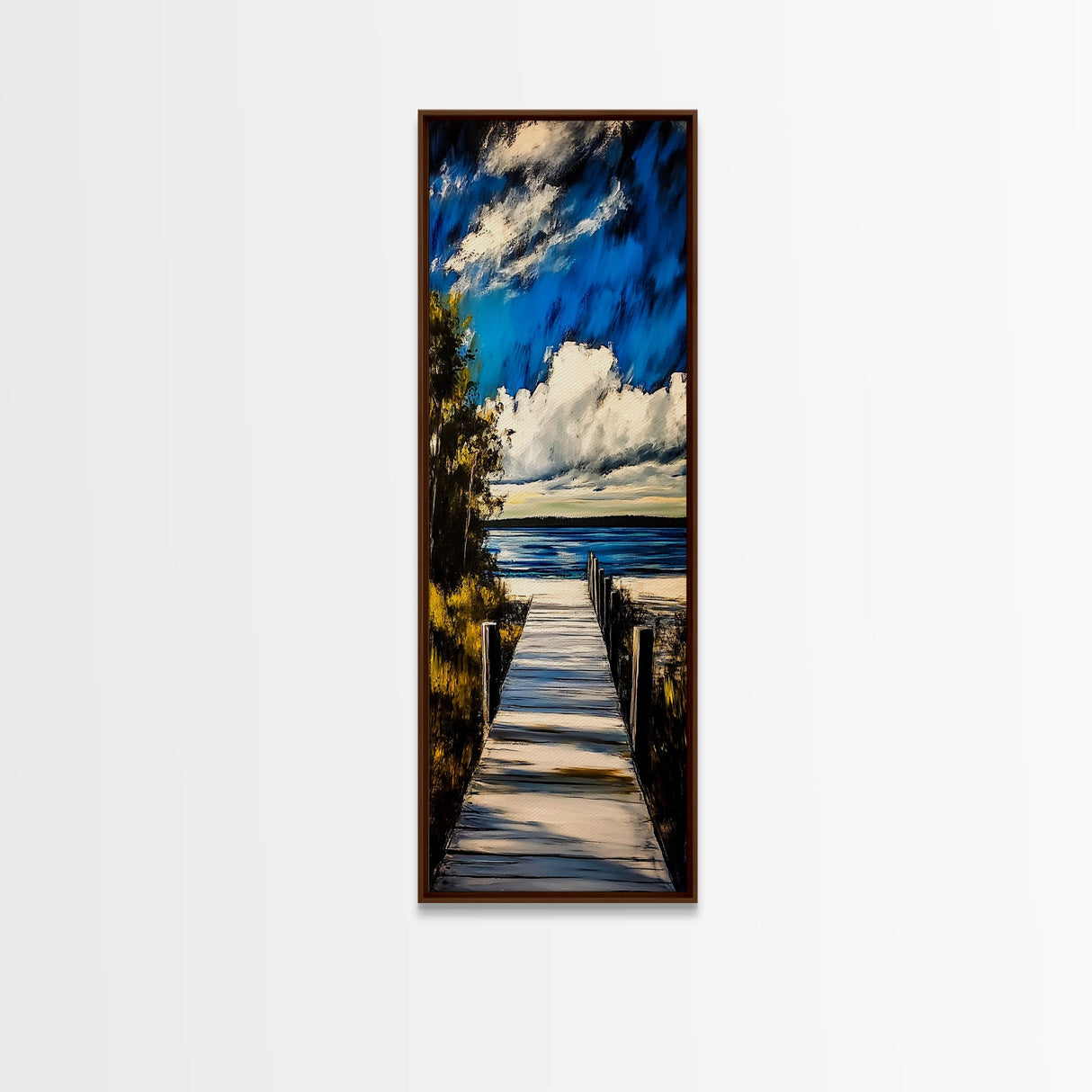 Serene Dock, Lake View, Blue and Gold, Canvas Print, Peaceful Nature Scene, Rustic Wall Art, Cabin Decor, Living Room Artwork