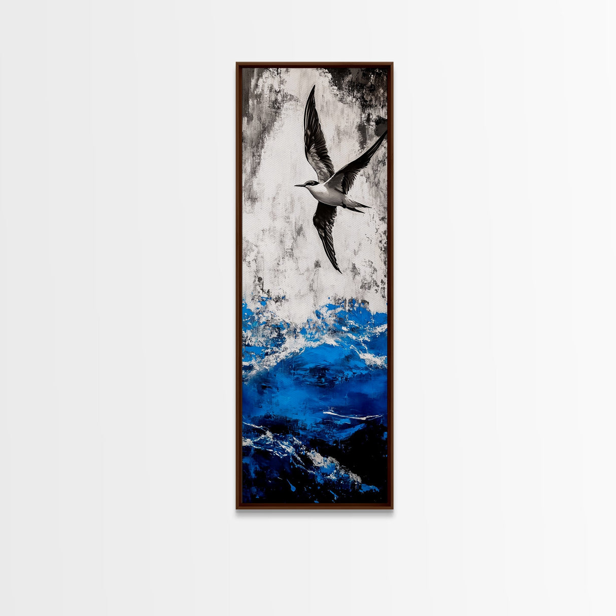 Ocean Bird, Stormy Waves, Blue and White, Framed Canvas Print, Nautical Wall Art, Minimalist Coastal Decor, Bedroom Artwork