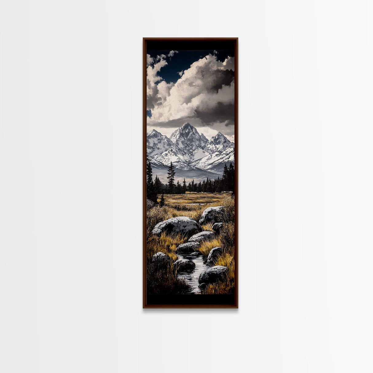 Snowy Mountains, Dramatic Sky, Wilderness Scene, Framed Canvas Print, Rustic Wall Art, Cabin Decor, Nature Inspired Artwork