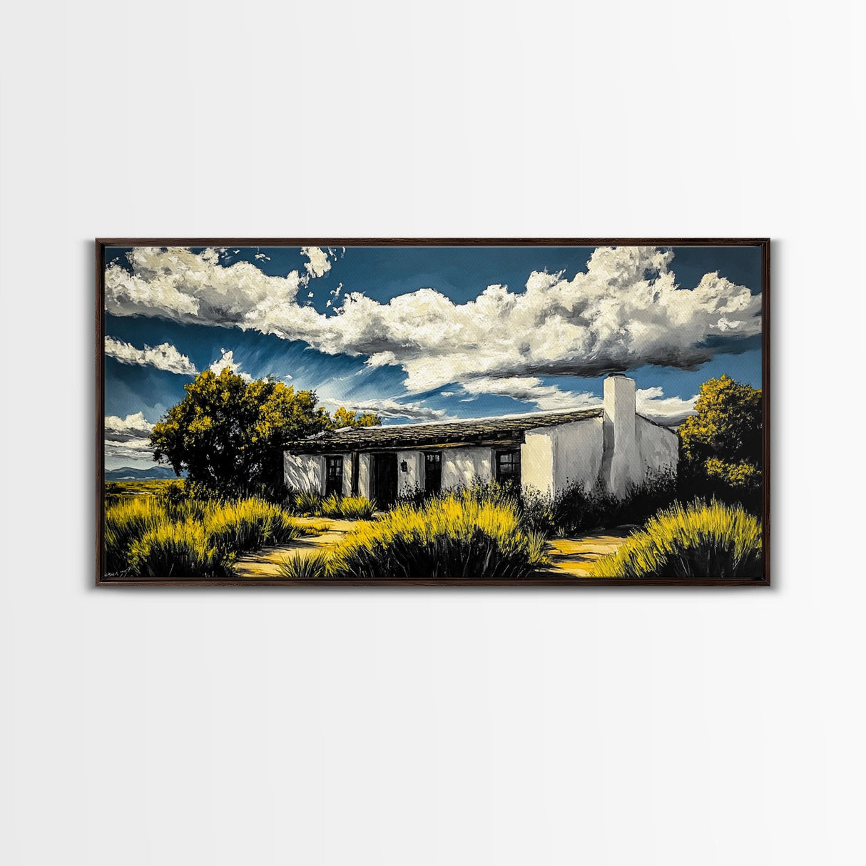 Rustic Desert House, Southwest Wall Art, Western Home Decor, Texas Ranch Art, Adobe House Painting, Earthy Boho Art, Framed Canvas Print