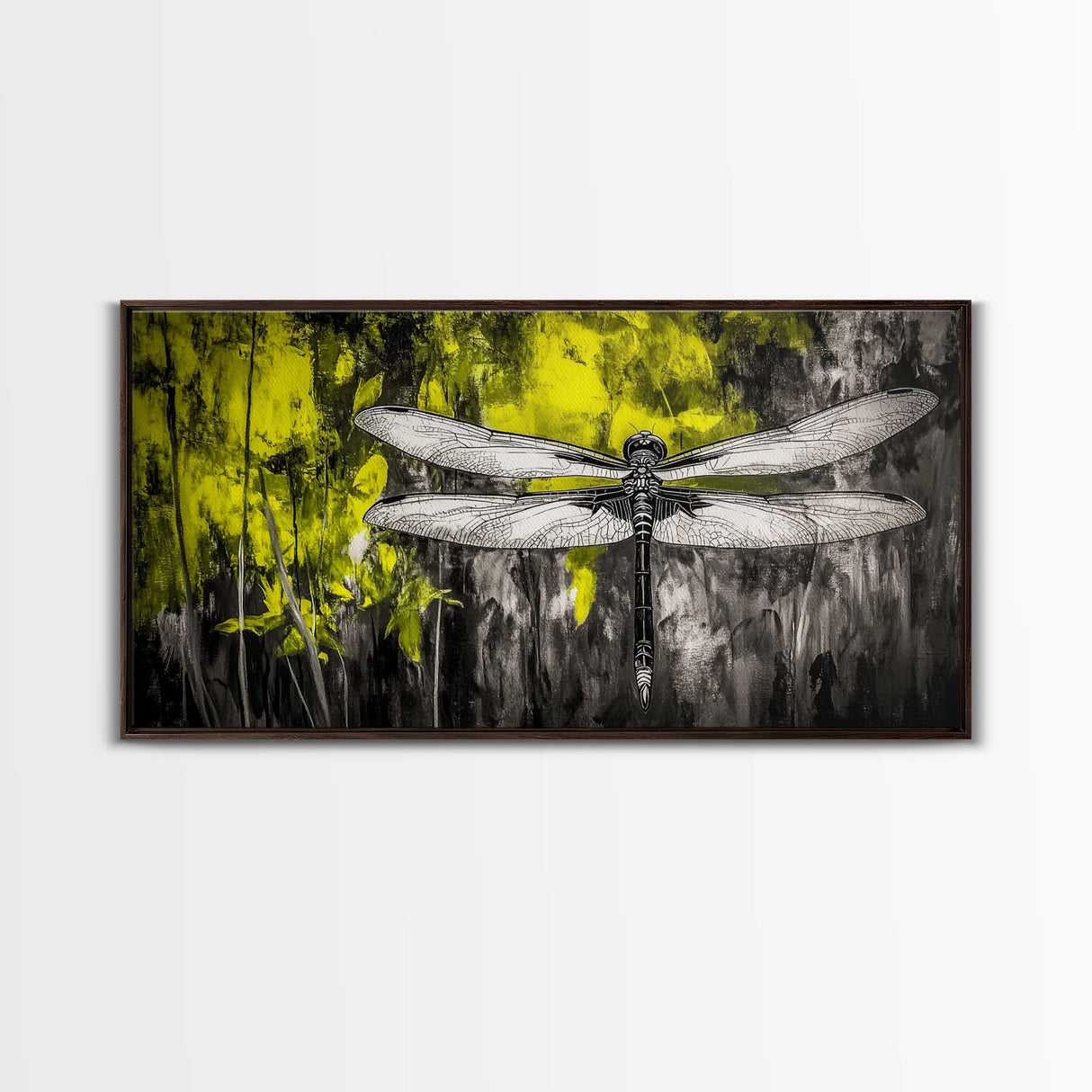 Dragonfly Art, Nature Insect, Modern Botanical, Black and White Sketch, Yellow Green Abstract, Framed Canvas Print, Bedroom Wall Decor