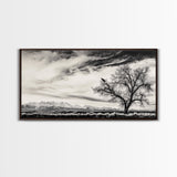 Lone Tree, Monochrome Landscape, Dramatic Sky, Framed Canvas Print, Moody Wall Art, Nature Scene, Modern Rustic Decor, Entryway Wall Art