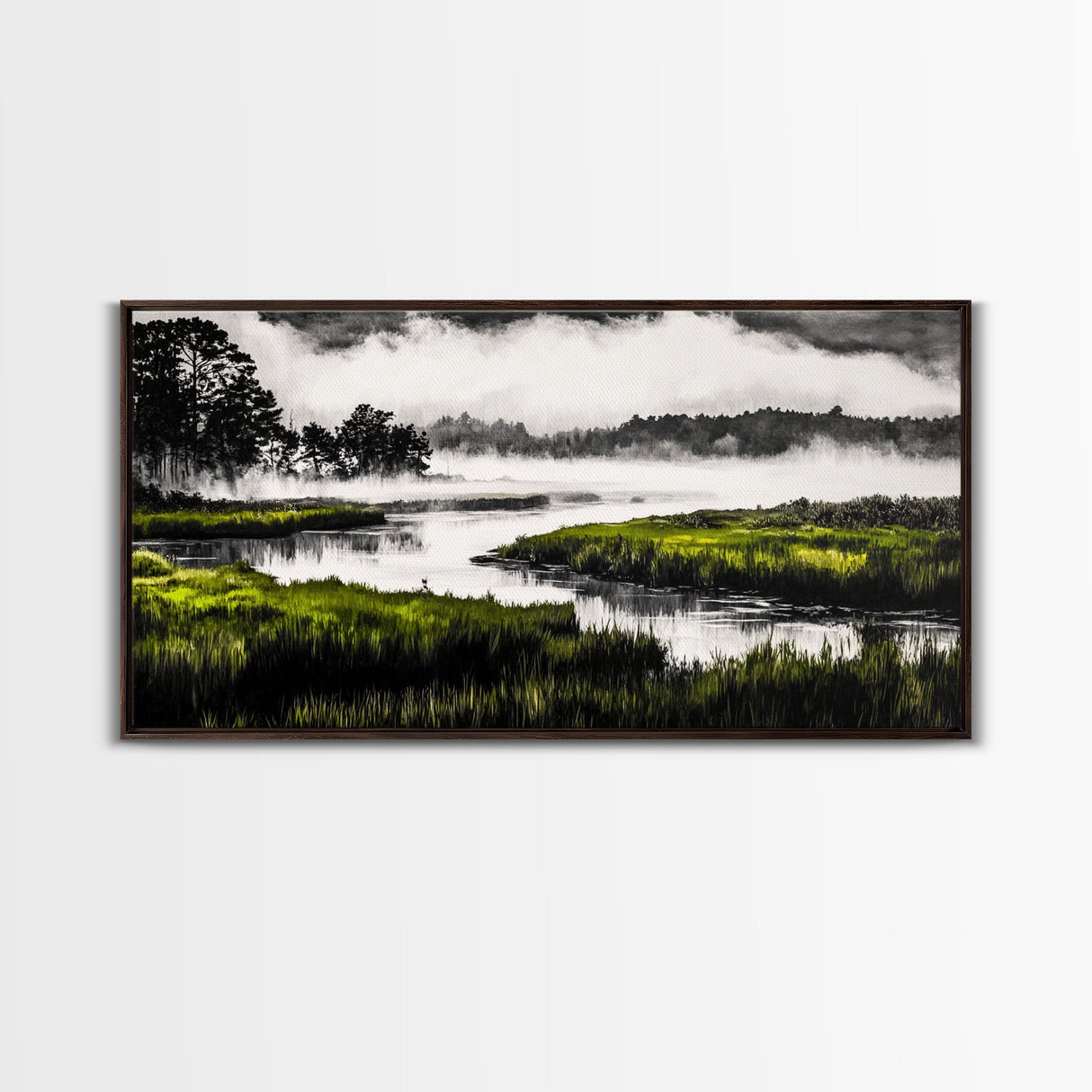 Misty Marsh, Green Landscape, Nature Lover Art, Framed Canvas Print, Serene Wall Art, Living Room Art, Minimalist Decor