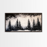 Pine Trees, Fog, Winter, Black and White, Framed Canvas Print, Mountain Art, Rustic Cabin Decor, Christmas Gift, Minimalist Home Wall Art