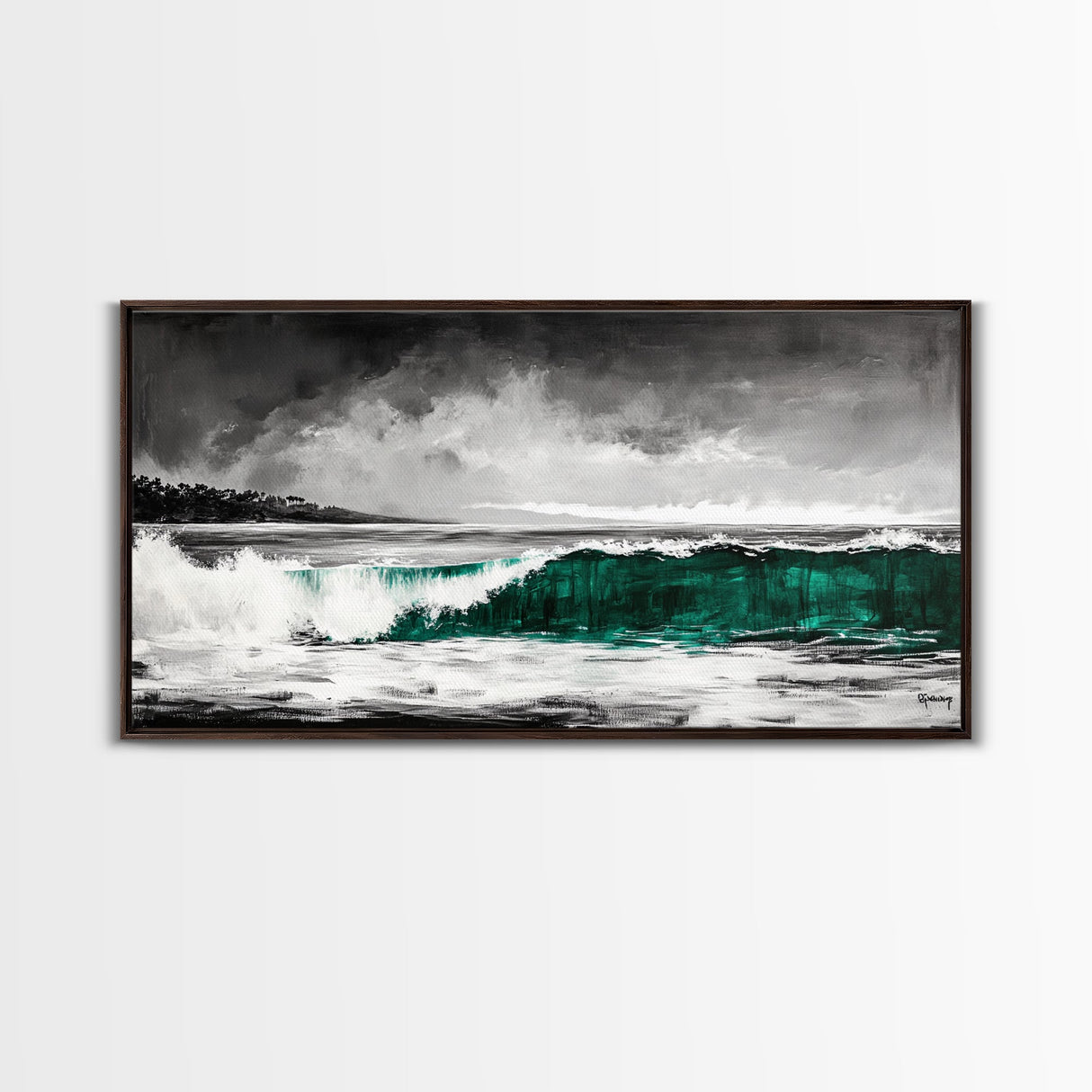 Green Ocean Wave, Dramatic, Black and White, Framed Canvas Print, Coastal Wall Art, Surfer Decor, Beach House Art, Nautical Decor