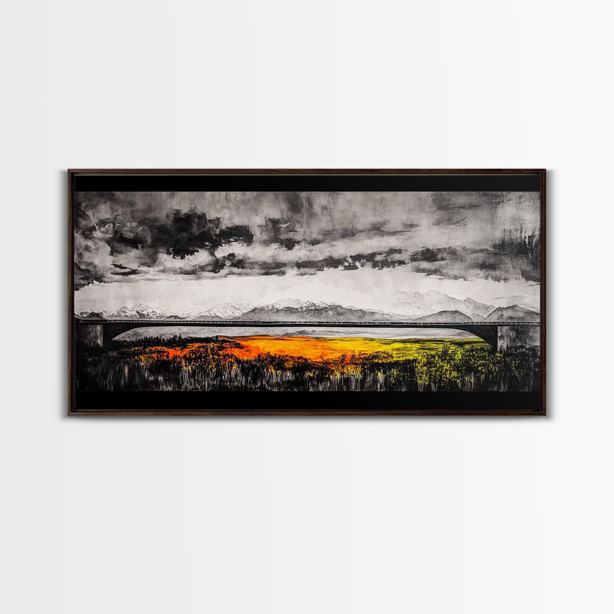 Train Bridge, Dramatic Sky, Mountains, Framed Canvas Print, Moody Landscape, Black and White Art, Rustic Decor, Office Wall Art