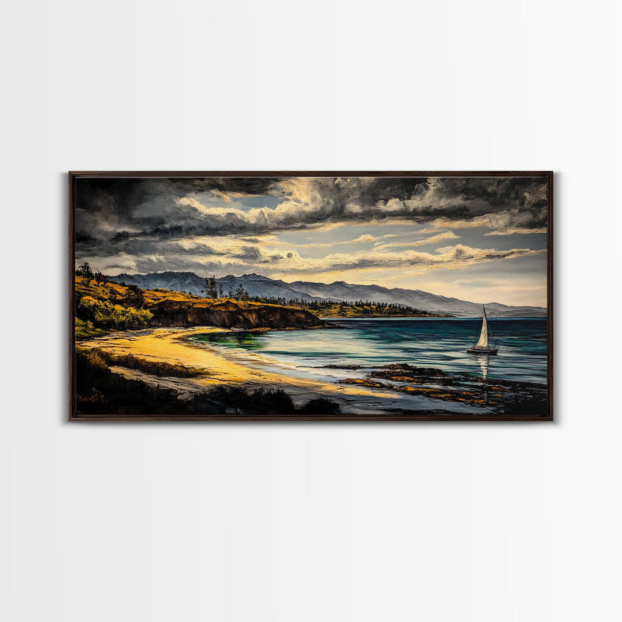 Sailboat, Coastal Sunset, Dramatic Sky, Framed Canvas Print, Nautical Wall Art, Beach House Decor, Ocean Lover Gift, Living Room Art