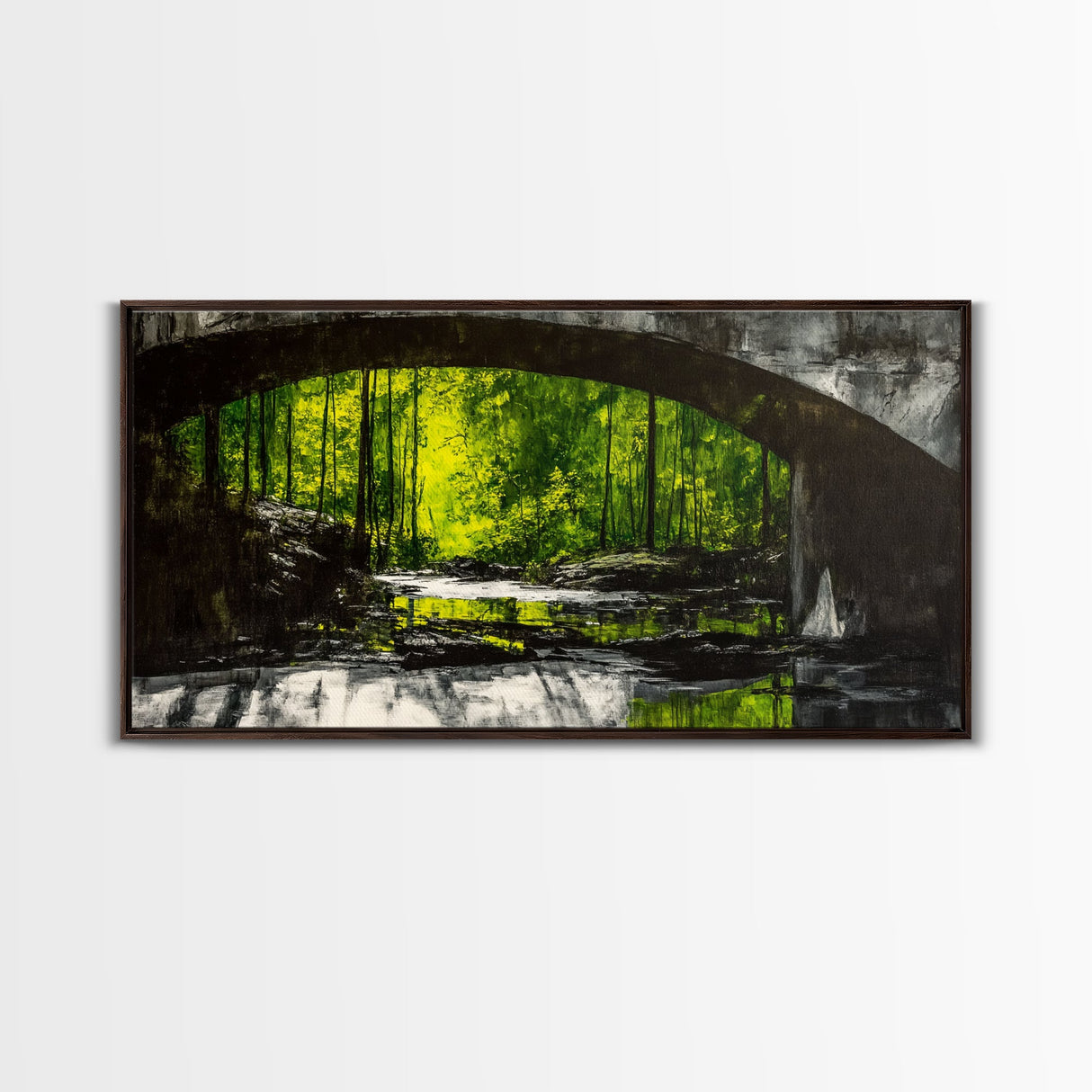 Forest Bridge, Green Nature Art, Canvas Print, Moody Landscape Painting, Rustic Wall Decor, Dark Green Art, Bedroom Wall Art