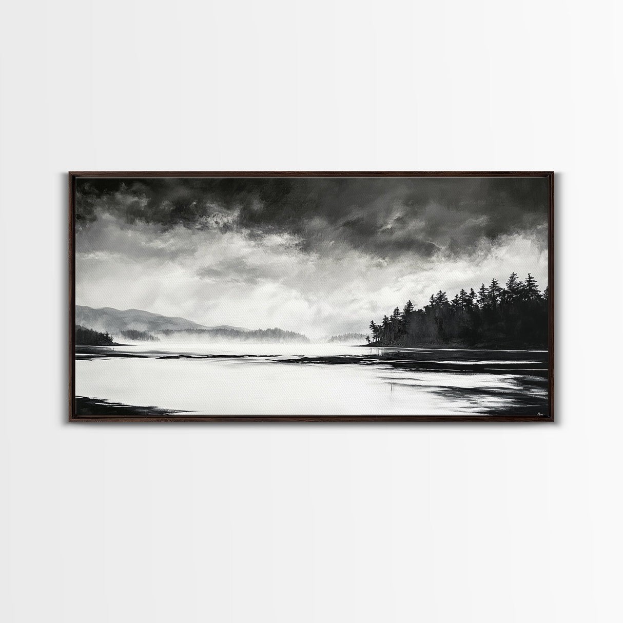 Monochrome Landscape Art, Misty Lake Canvas Print, Nature Wall Decor, Black and White Painting, Living Room Artwork, Framed Canvas Print