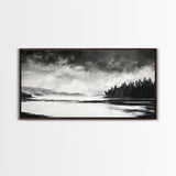 Monochrome Landscape Art, Misty Lake Canvas Print, Nature Wall Decor, Black and White Painting, Living Room Artwork, Framed Canvas Print