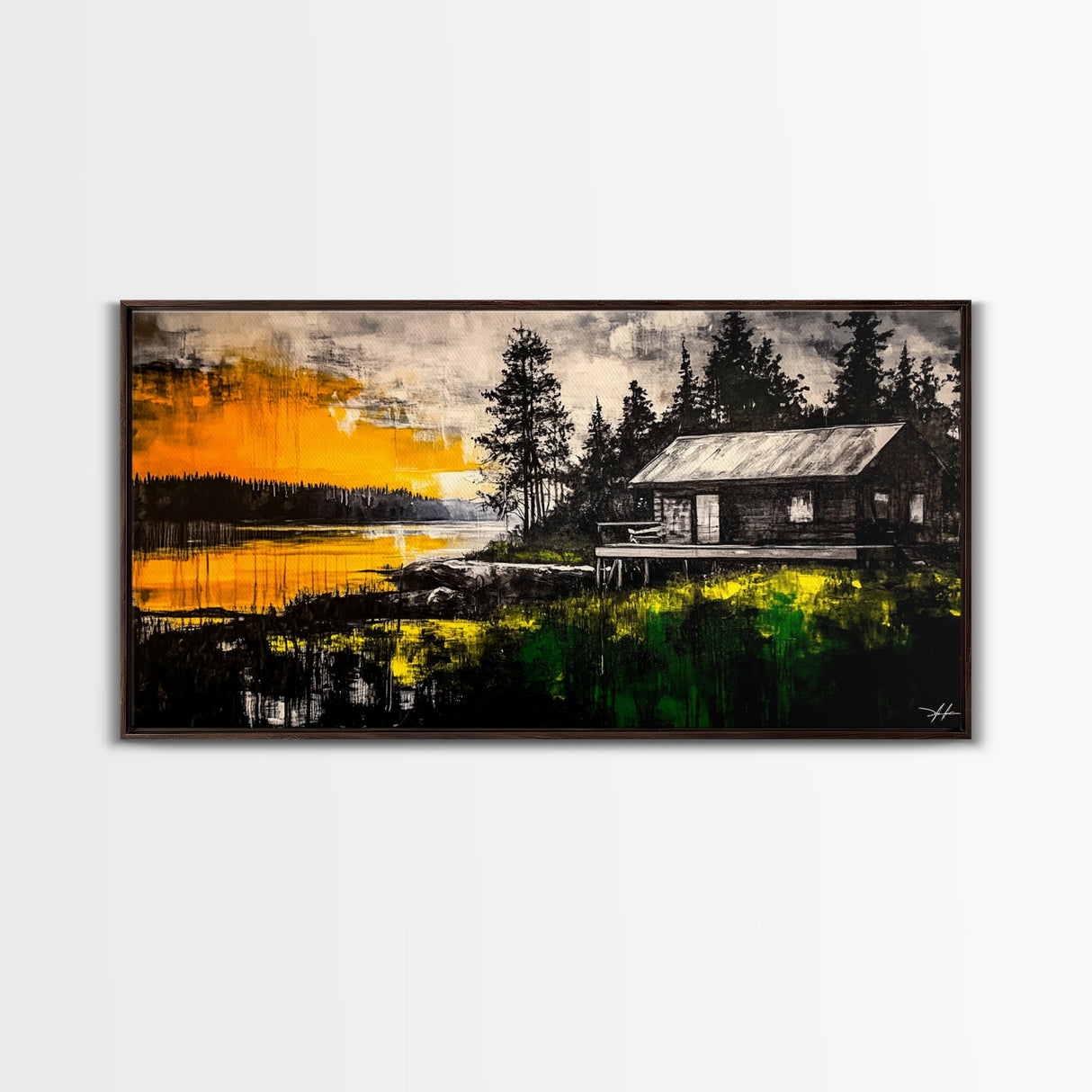 Rustic Cabin Art, Golden Sunset Canvas Print, Autumn Landscape Painting, Nature Wall Decor, Cozy Home Aesthetic, Framed Canvas Print