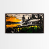 Rustic Cabin Art, Golden Sunset Canvas Print, Autumn Landscape Painting, Nature Wall Decor, Cozy Home Aesthetic, Framed Canvas Print