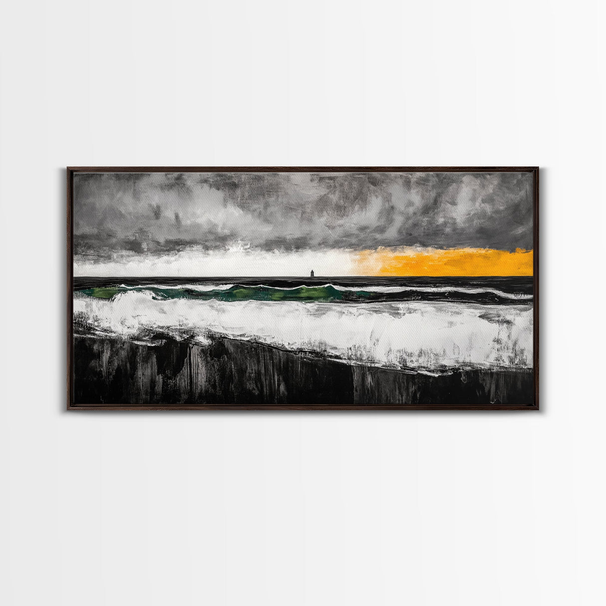 Storm Lighthouse, Ocean, Waves, Framed Canvas Print, Moody Coastal Art, Nautical Wall Decor, Minimalist Beach Art, Dramatic Seascape Art