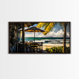 Oceanfront Cafe, Tropical Beach View, Nautical Home Art, Relaxing Coastal Decor, Boho Beach House, Seaside Paradise, Framed Canvas Print