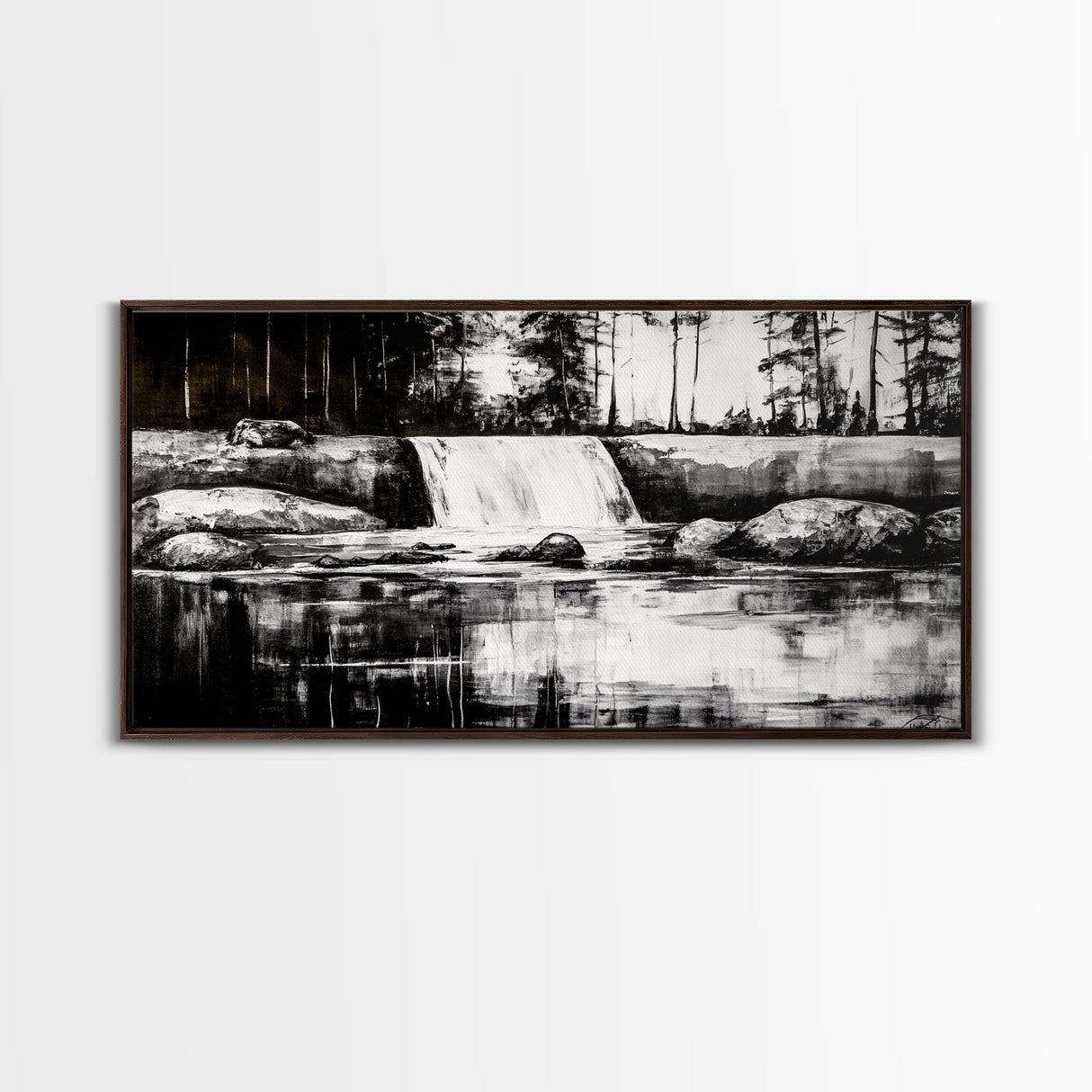 Waterfall Landscape, Black and White Nature Art, Forest Wall Decor, Rustic Art, Minimalist Landscape, Cabin Artwork, Framed Canvas Print