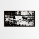 Waterfall Landscape, Black and White Nature Art, Forest Wall Decor, Rustic Art, Minimalist Landscape, Cabin Artwork, Framed Canvas Print