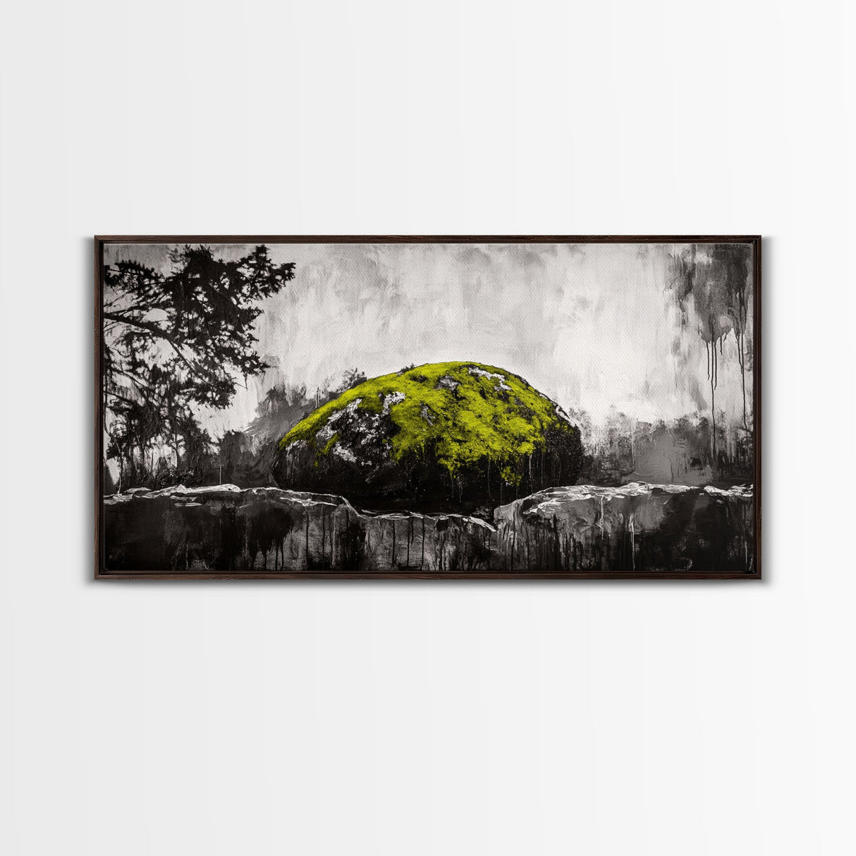 Mossy Rock, Abstract Nature, Green and Black Art, Canvas Print, Rustic Wall Decor, Boho Artwork, Modern Farmhouse Decor