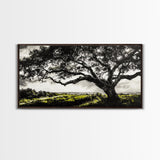 Oak Tree, Scenic Meadow, Black and White Landscape, Framed Canvas Print, Nature Wall Art, Large Canvas Artwork, Living Room Decor