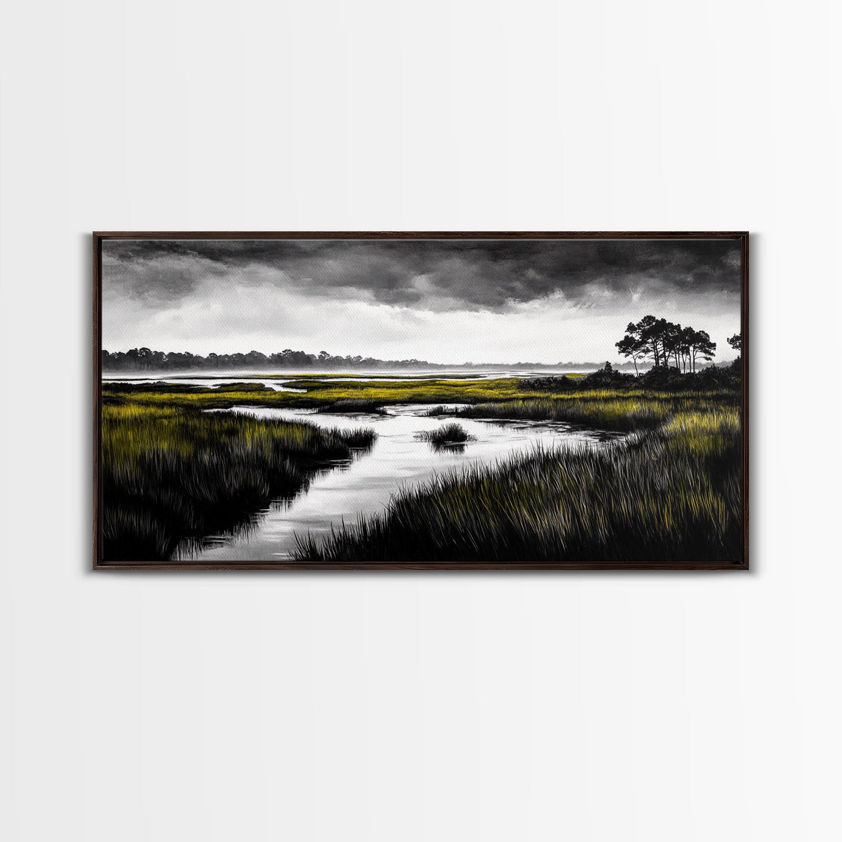 Marshland Scene, Serene Landscape, Black and White Nature Art, Modern Decor, Misty Grasslands, Living Room Artwork, Framed Canvas Print
