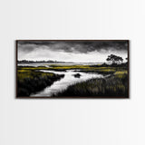 Marshland Scene, Serene Landscape, Black and White Nature Art, Modern Decor, Misty Grasslands, Living Room Artwork, Framed Canvas Print