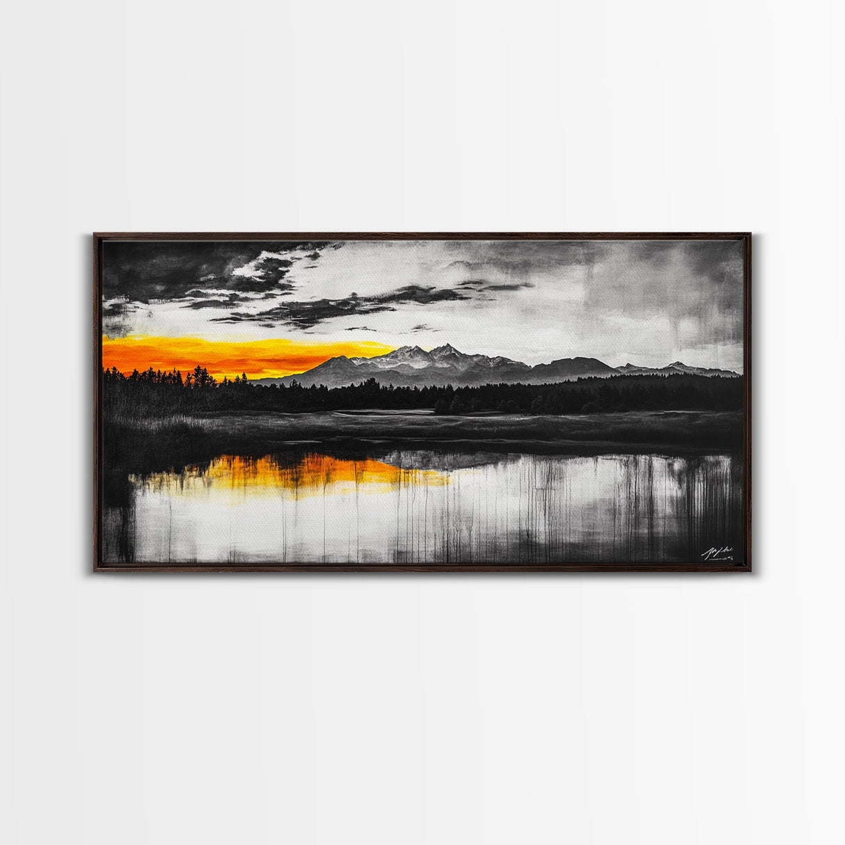 Sunset Reflection, Black and White, Framed Canvas Print, Nature Wall Art, Modern Landscape, Bold Decor, Living Room Art, Autumn Colors