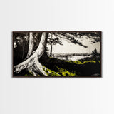 Forest Tree, Ocean View, Coastal Landscape, Canvas Print, Nature Wall Art, Black and White Art, Cabin Wall Decor, Rustic Wall Art