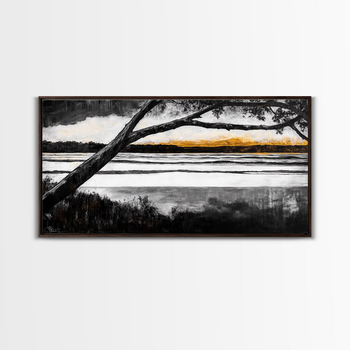 River Sunset, Golden Hour Reflection, Tranquil Waterscape, Moody Landscape Art, Nature Lover Gift, Canvas Print, Bedroom Wall Decor
