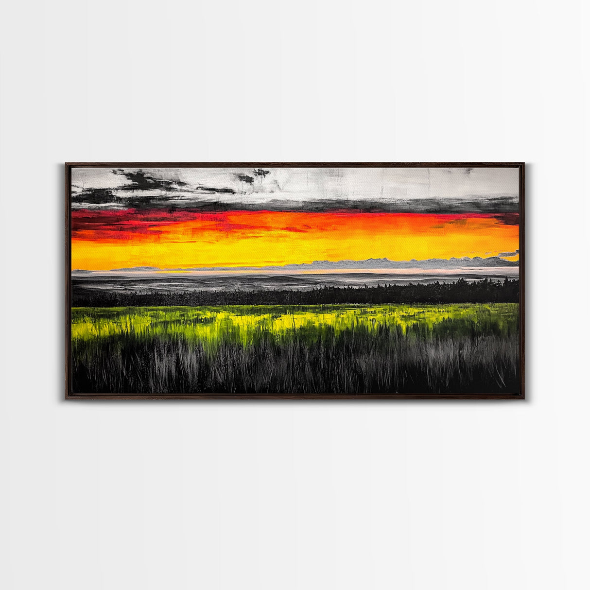 Sunset Meadow, Vibrant Sky Over Rolling Hills, Nature Landscape Painting, Bold Color Art, Canvas Print, Farmhouse Decor, Dining Room Art