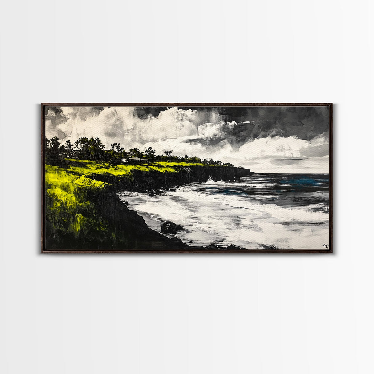 Cliffside Ocean View Landscape, Black and White Seascape, Nautical Wall Decor, Living Room Art, Beach House Scene, Framed Canvas Print