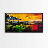 Sunset Pavilion, Coastal Art, Beach Painting, Framed Canvas Print, Vibrant Landscape, Ocean Sunset, Living Room Wall Art, Bold Colors