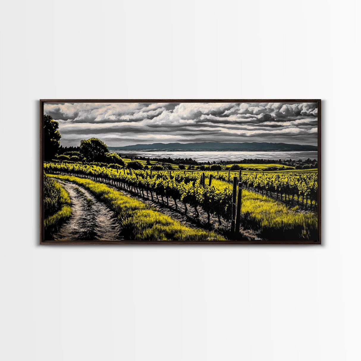 Vineyard View, Rolling Hills, Country Art, Framed Canvas Print, Rustic Landscape, Black White Yellow, Living Room Wall Art, Large Canvas