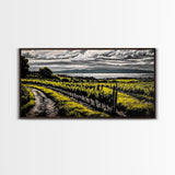 Vineyard View, Rolling Hills, Country Art, Framed Canvas Print, Rustic Landscape, Black White Yellow, Living Room Wall Art, Large Canvas