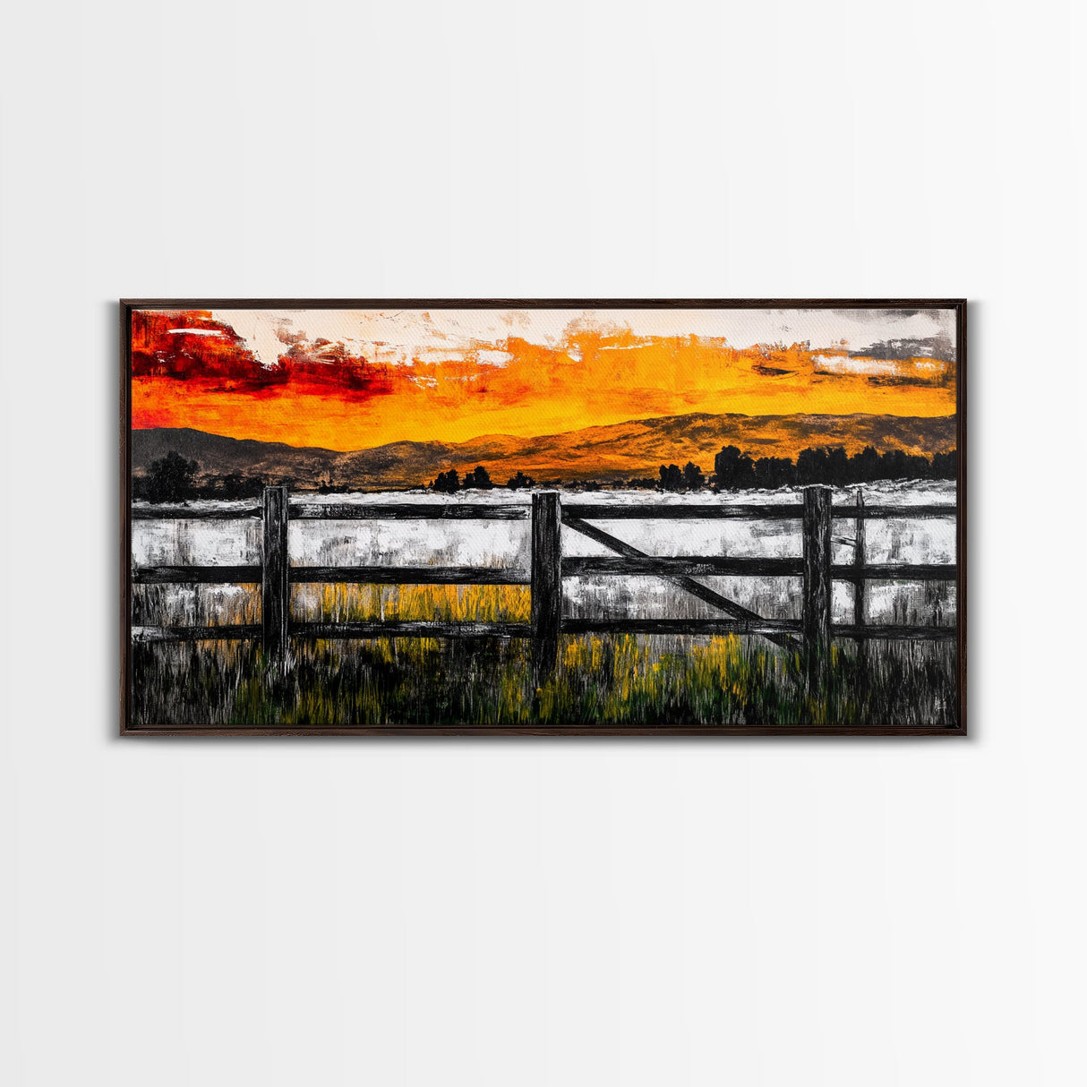 Sunset Fence, Mountain View, Rustic Canvas Print, Large Wall Art, Autumn, Farmhouse Painting, Framed Canvas Print, Moody Home Decor