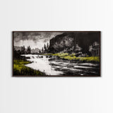 Forest Waterfall, Black and White Landscape, Nature Wall Art, Rustic Lodge Decor, Cabin Home Art, Peaceful River Scene, Canvas Print