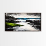 Rocky Shore, Ocean Wave Art, Coastal Seascape, Dramatic Beach Painting, Nautical Home Decor, Modern Coastal Print, Canvas Print