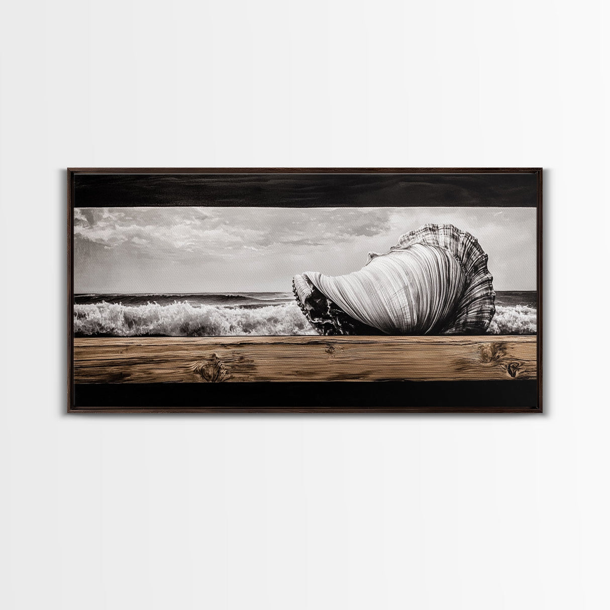 Seashell and Waves, Nautical Art, Coastal Beach Decor, Black and White Seascape, Ocean Home Art, Framed Canvas Print, Elegant Art
