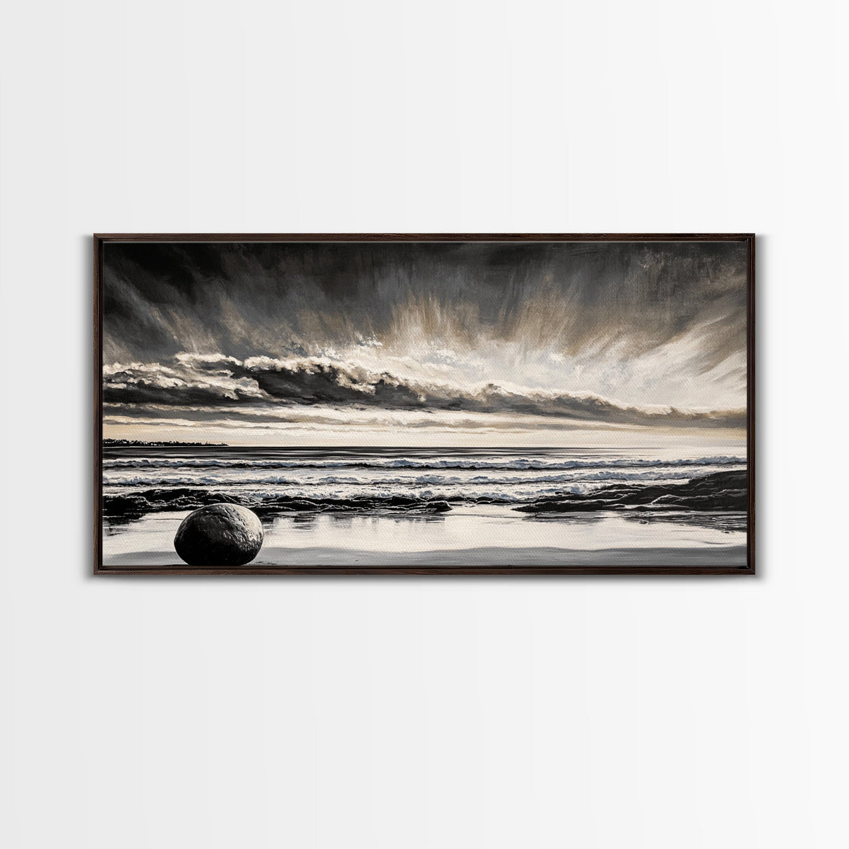 Moody Beach, Black White, Ocean Sunset, Canvas Print, Dramatic Seascape, Coastal Wall Art, Relaxing Home Decor, Living Room Artwork