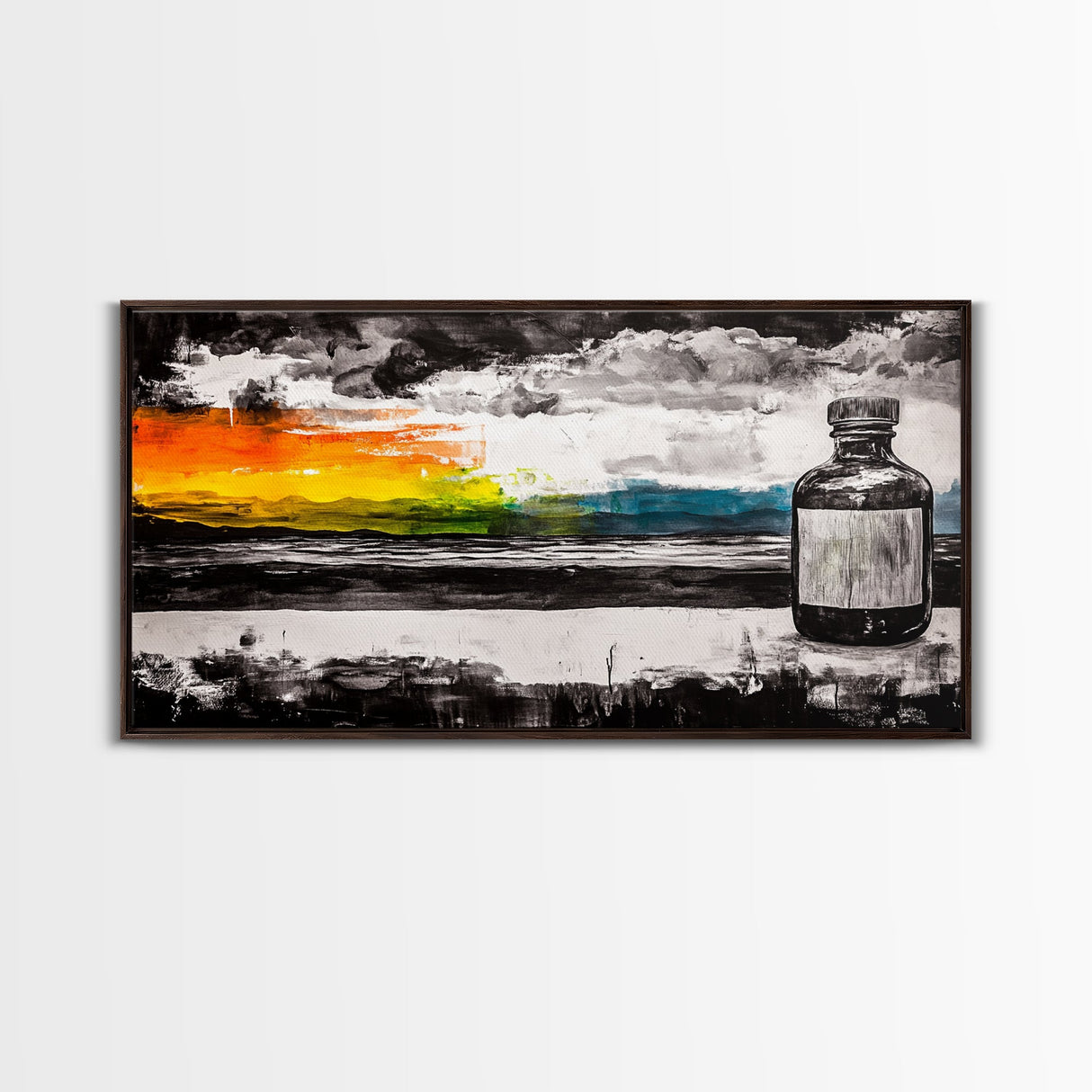 Medicine Bottle, Surreal Art, Sunset Print, Framed Canvas Print, Dreamy Landscape, Modern Wall Decor, Eclectic Art, Office Artwork