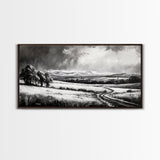 Winter Landscape, Black White, Scenic Country Road, Framed Canvas Print, Serene Nature Art, Rustic Wall Decor, Bedroom Artwork