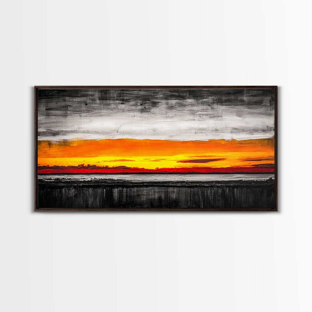 Fiery Sunset, Dramatic Sky, Abstract Landscape, Bold Colors, Modern Expressionism, Vibrant Wall Decor, Warm Tones, Framed Canvas Print