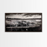 Marshland, Serene, Nature, Black and White, Framed Canvas Print, Landscape Painting, Rustic Wall Art, Cabin Decor, Neutral Tone Art