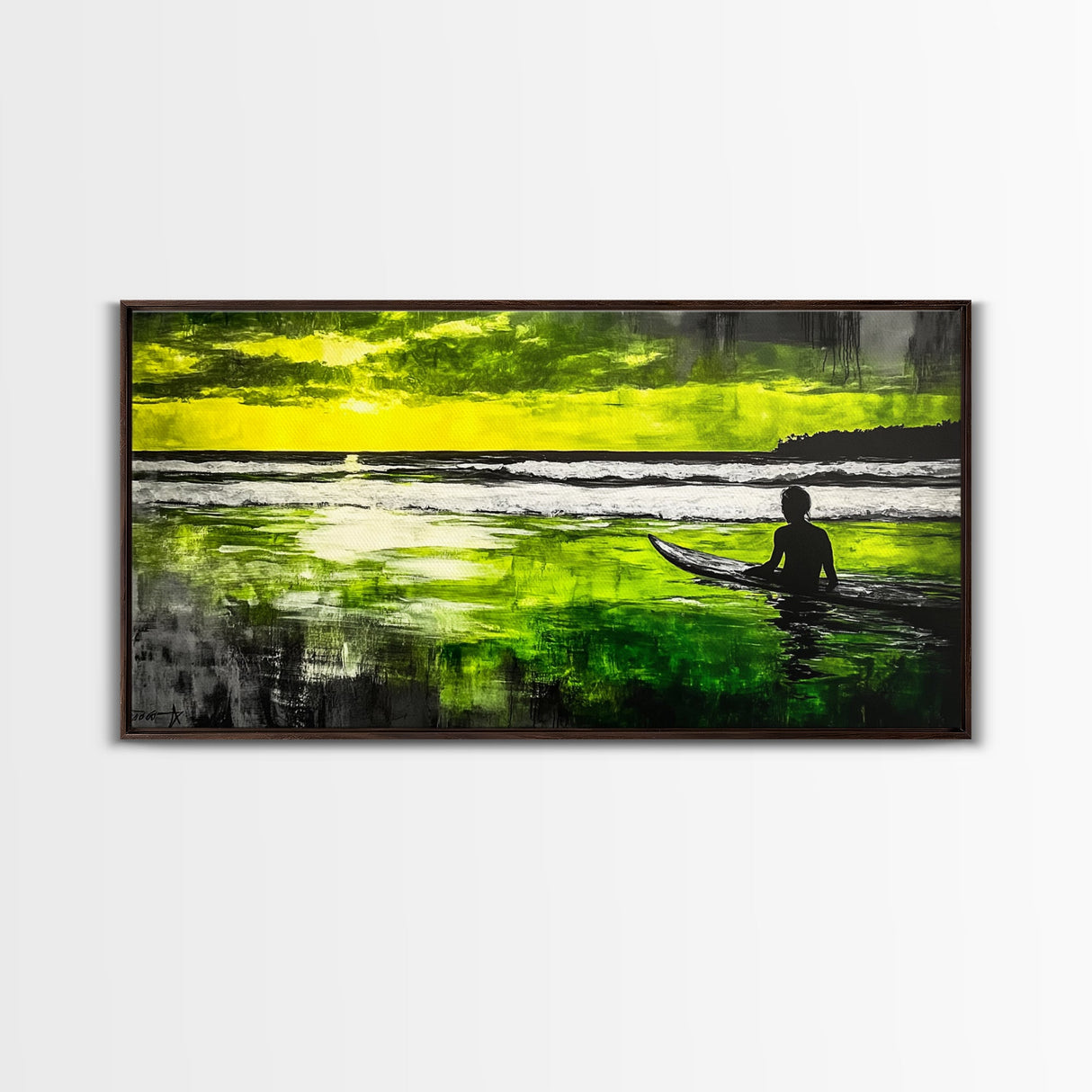 Surfer Waiting, Ocean Art, Tropical Canvas Print, Vibrant Green, Modern Wall Art, Surfing Decor, Beach House Vibes, Coastal Painting
