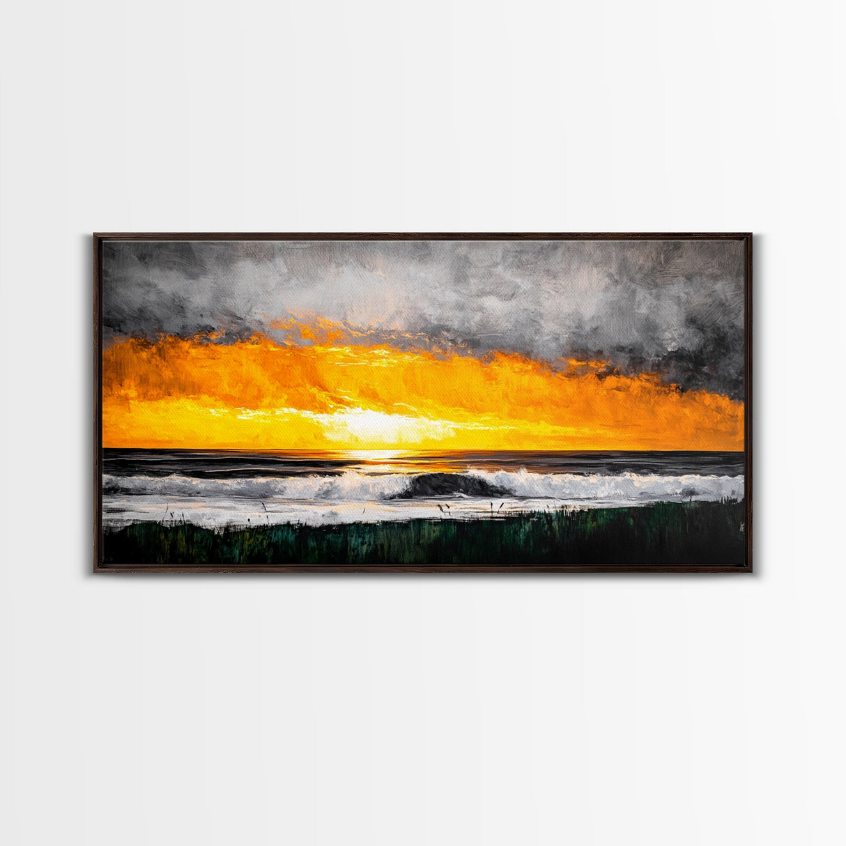 Ocean Sunset, Dramatic Clouds, Beach Waves, Framed Canvas Print, Coastal Wall Art, Living Room Art, Large Wall Decor